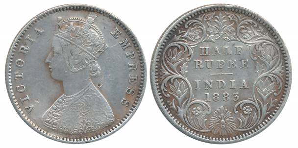 Victoria Empress, Silver 1/2 Rupee, 1883, Calcutta Mint, A/I/C incused (Prid# 267). Very f