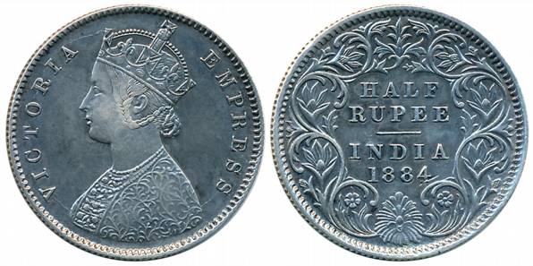 Victoria Empress, Silver 1/2 Rupee, 1884, Calcutta Mint, A/I/C incused (Prid# 268). Very f