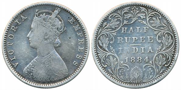 Victoria Empress, Silver 1/2 Rupee, 1884, Bombay Mint, A/II/dot (Prid# 292). About very fi