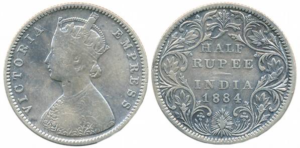 Victoria Empress, Silver 1/2 Rupee, Mule, 1884, Bombay Mint, A/II, Without Mint mark, reve