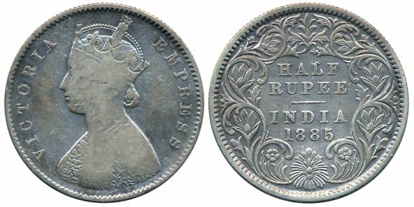 Victoria Empress, Silver 1/2 Rupee, 1885, Bombay Mint, A/I/C incused (Prid# 269). Fine+.