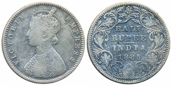 Victoria Empress, Silver 1/2 Rupee, 1885, Bombay Mint, A/II/B raised (Prid# 294). About ve