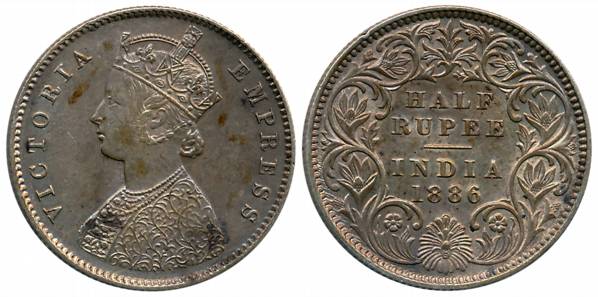 Victoria Empress, Silver 1/2 Rupee, 1886, Calcutta Mint, A/I/C incused (Prid# 270). About 