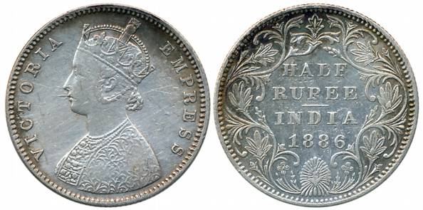 Victoria Empress, Silver 1/2 Rupee, 1886, Bombay Mint, A/II/B raised (Prid# 295). Very fin