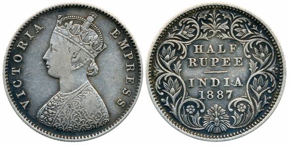 Victoria Empress, Silver 1/2 Rupee, 1887, Calcutta Mint, A/I/C incused (Prid# 271). Very f