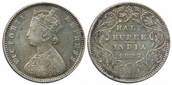 Victoria Empress, Silver 1/2 Rupee, 1887, Bombay Mint, A/II/B raised (Prid# 296). Very fin