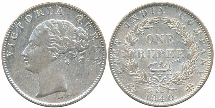 Victoria Queen, Silver Rupee, Continuous Legend, 1840, Calcutta Mint, Crescent in relief w