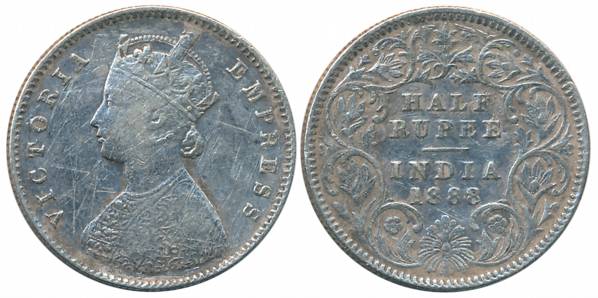 Victoria Empress, Silver 1/2 Rupee, 1888, Calcutta Mint, A/I/C incused (Prid# 272). About 
