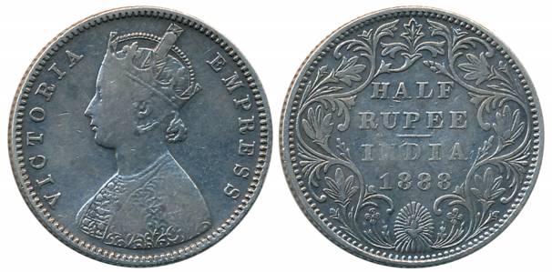 Victoria Empress, Silver 1/2 Rupee, 1888, Bombay Mint, A/II (Prid# 297). About very fine.