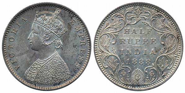 Victoria Empress, Silver 1/2 Rupee, 1888, Bombay Mint, A/II/B raised (Prid# 298). About un