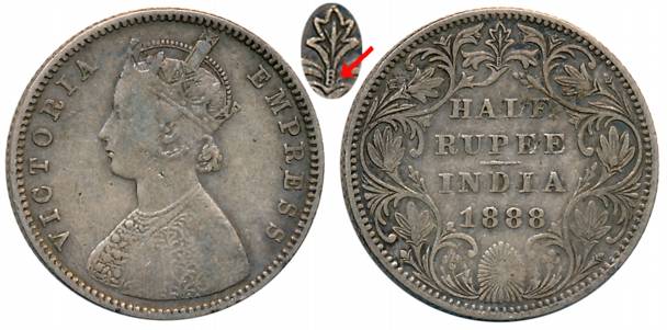 Victoria Empress, Silver 1/2 Rupee, Error- B struck over B, 1888, Bombay Mint, A/II/B rais