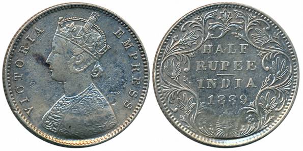 Victoria Empress, Silver 1/2 Rupee, 1889, Bombay Mint, A/II/B raised (Prid# 299). About ve