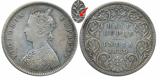 Victoria Empress, Silver 1/2 Rupee, 1889, Bombay Mint, A/I/ inverted B incused (Prid# 300)