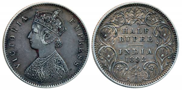 Victoria Empress, Silver 1/2 Rupee, 1892, Calcutta Mint, A/I/C incused (Prid# 276). Extrem