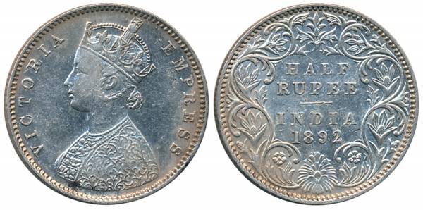 Victoria Empress, Silver 1/2 Rupee, 1892, Bombay Mint, A/I/B incused (Prid# 302). Very fin