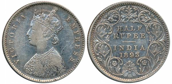 Victoria Empress, Silver 1/2 Rupee, 1893, Calcutta Mint, A/I/C incused (Prid# 277). About 