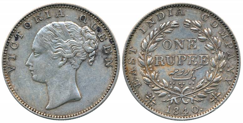 Victoria Queen, Silver Rupee, Continuous Legend, 1840, Madras Mint, S incused, No V, 19 Be