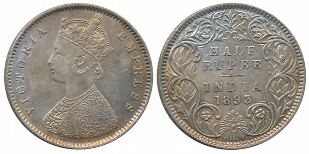 Victoria Empress, Silver 1/2 Rupee, 1893, Bombay Mint, A/I/B incused (Prid# 303). About ex