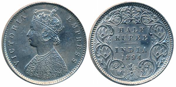 Victoria Empress, Silver 1/2 Rupee, 1894, Calcutta Mint, A/I/C incused (Prid# 278). Extrem