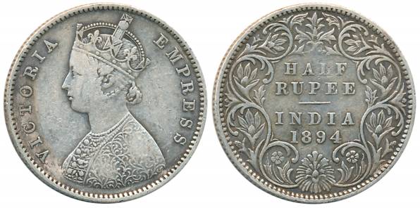 Victoria Queen, Silver 1/2 Rupee, 1894, Bombay Mint, A/I/B Incused (Prid# 304). Very fine.