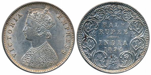 Victoria Empress, Silver 1/2 Rupee, 1894, Bombay Mint, A/I/B incused (Prid# 304). Extremel