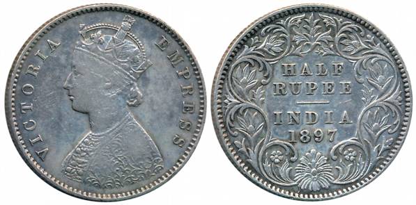 Victoria Empress, Silver 1/2 Rupee, 1897, Calcutta Mint, A/I/C incused (Prid# 280). About 