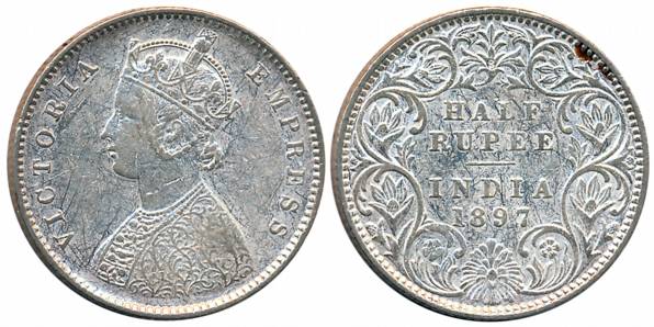 Victoria Empress, Silver 1/2 Rupee, 1897, Bombay Mint, A/I/B incused (Prid# 305). Very fin