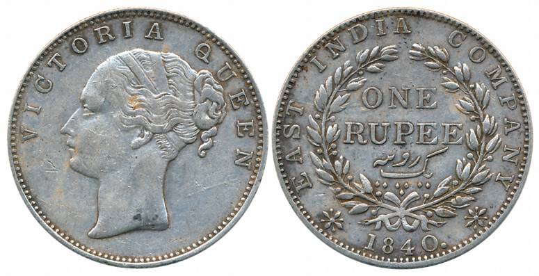 Victoria Queen, Silver Rupee, Continuous Legend, 1840, Madras Mint, S incused, V in relief