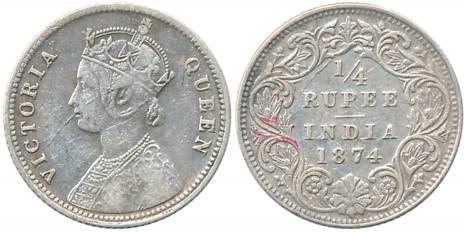 Victoria Queen, Silver 1/4 Rupee, 1874, Calcutta Mint, A/I (Prid# 379). About very fine.