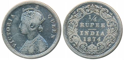 Victoria Queen, Silver 1/4 Rupee, 1874, Bombay Mint, A/I/dot (Prid# 405). Fine+, scarce.