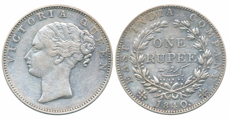 Victoria Queen, Silver Rupee, Continuous Legend, 1840, Madras Mint, No S, V in relief, 19 