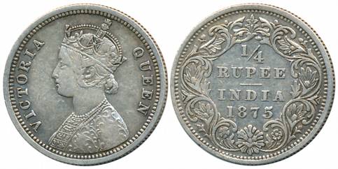 Victoria Queen, Silver 1/4 Rupee, 1875, Bombay Mint (Prid# 406). About very fine.