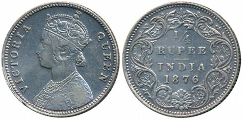Victoria Queen, Silver 1/4 Rupee, 1876, Calcutta Mint, A/I (Prid# 381). About very fine.
