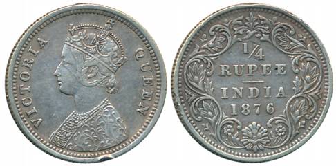 Victoria Queen, Silver 1/4 Rupee, 1876, Bombay Mint, A/I (Prid# 407). Very fine.