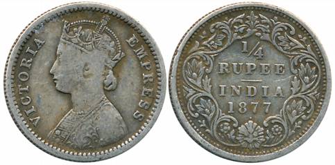 Victoria Empress, Silver 1/4 Rupee, 1877, Bombay Mint, B/I/dot (Prid# 409). About very fin