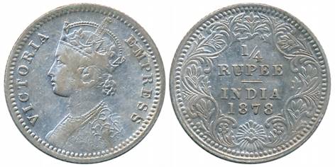 Victoria Empress, Silver 1/4 Rupee, 1878, Calcutta Mint, C/II (Prid# 383). About very fine