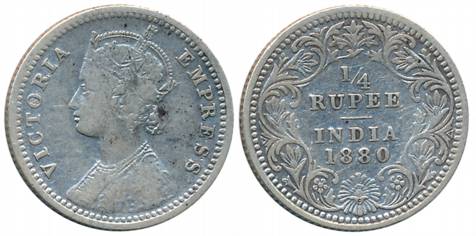Victoria Empress, Silver 1/4 Rupee, 1880, Calcutta Mint, C/II/C incused (Prid# 385). About