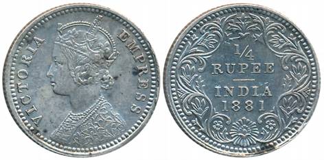 Victoria Empress, Silver 1/4 Rupee, 1881, Calcutta Mint, C/II/C incused (Prid# 386). About