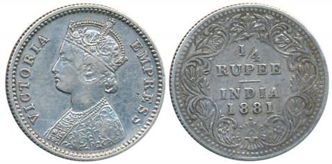 Victoria Empress, Silver 1/4 Rupee, 1881, Bombay Mint, B/II/dot (Prid# 411). Very fine, sc