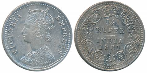 Victoria Empress, Silver 1/4 Rupee, 1881, Bombay Mint, C/II/dot (Unlisted in Pridmore). Ab