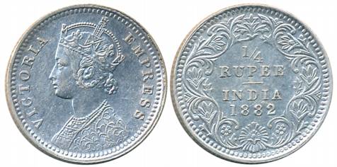 Victoria Empress, Silver 1/4 Rupee, 1882, Calcutta Mint, C/II/C incused (Prid# 387). About