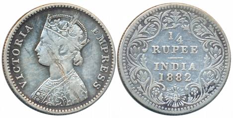 Victoria Empress, Silver 1/4 Rupee, 1882, Bombay Mint, B/II/dot (Prid# 413). Fine, scarce.
