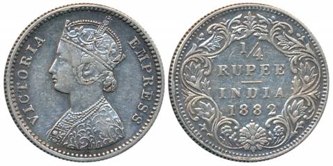 Victoria Empress, Silver 1/4 Rupee, 1882, Bombay Mint, B/I/dot. About extremely fine, rare