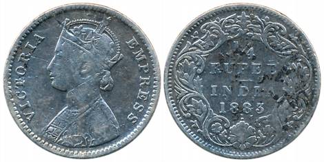 Victoria Empress, Silver 1/4 Rupee, 1883, Bombay Mint, B/I/dot (Prid# 415). Fine+, scarce.