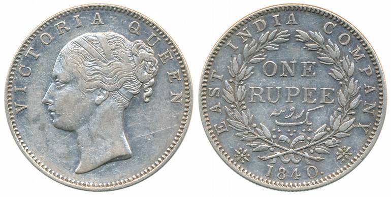 Victoria Queen, Silver Rupee, Continuous Legend, 1840, Bombay Mint, No privy mark, 19 Berr