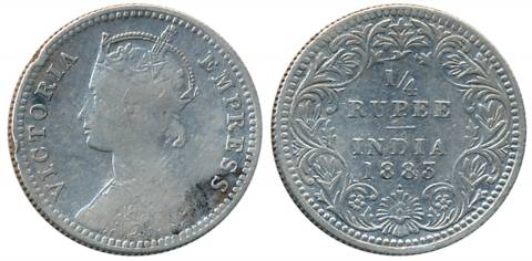 Victoria Empress, Silver 1/4 Rupee, 1883, Bombay Mint, C/II/dot (Prid# 415A). About very f
