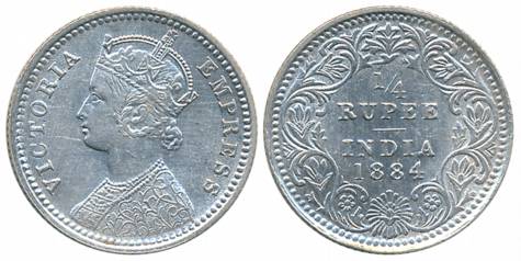 Victoria Empress, Silver 1/4 Rupee, 1884, Calcutta Mint, C/II/C incused (Prid# 389). About