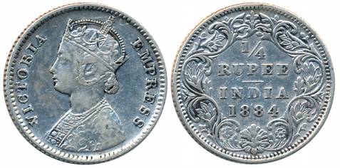 Victoria Empress, Silver 1/4 Rupee, 1884, Bombay Mint, B/I/B raised (Prid# 416). About ver