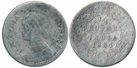 Victoria Empress, Silver 1/4 Rupee, 1884, Bombay Mint, C/I/B raised (Prid# 417). Fine, sca