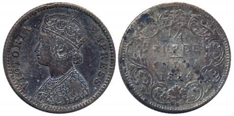 Victoria Empress, Silver 1/4 Rupee, 1884, Bombay Mint, B/I/ dot with B raised (Unlisted in